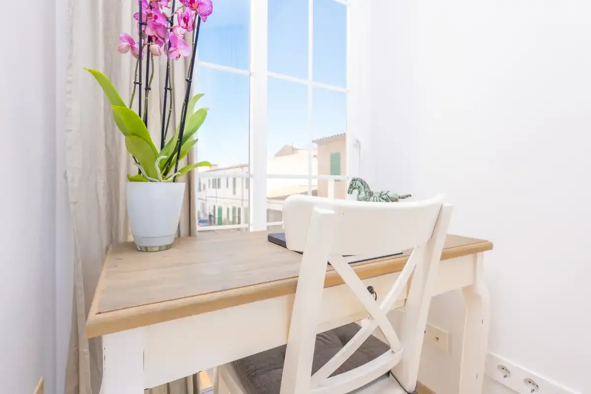 A bright desk area by a large window, with a potted orchid and white chair.