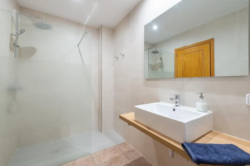 A bright bathroom with a glass shower, a white sink, and a large mirror.