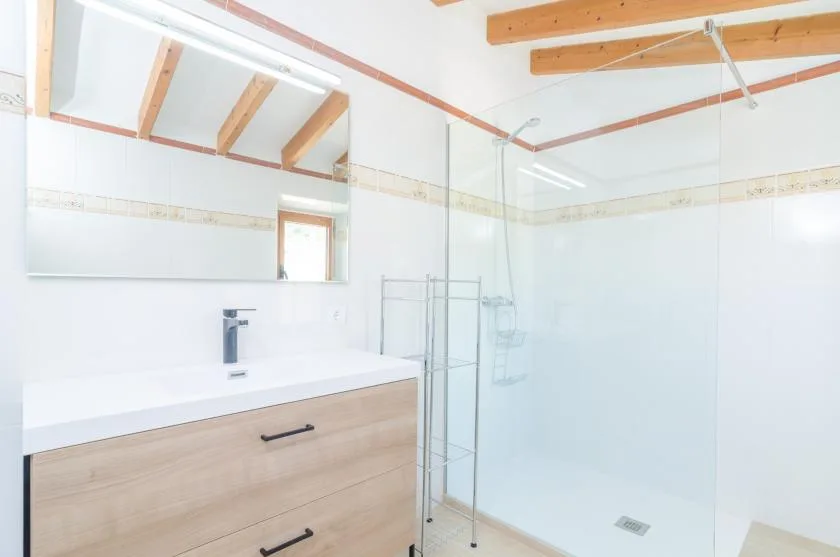 A bright bathroom with a wide vanity, mirror, and glass shower.