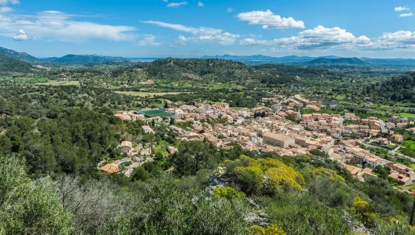 A hillside panorama overlooks a town surrounded by green countryside.
