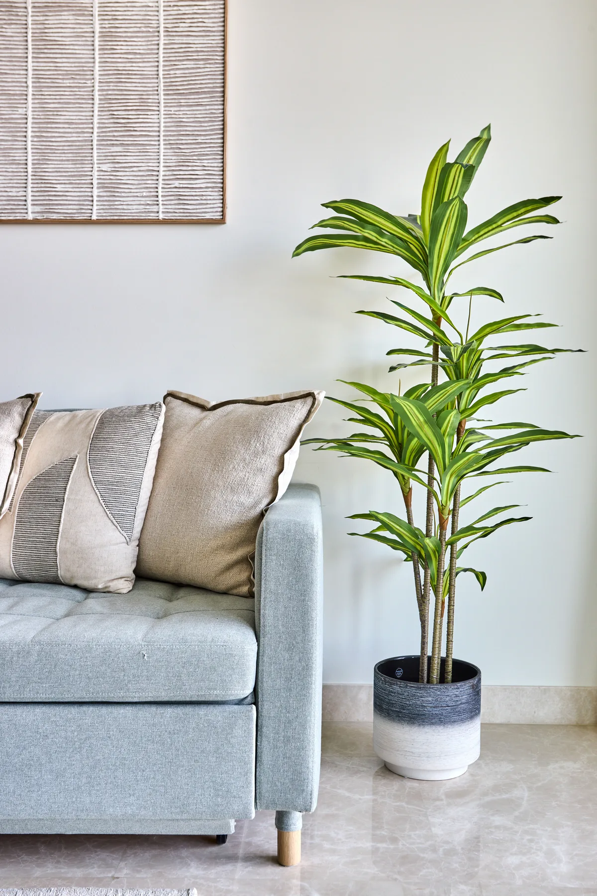 Un sofá claro con cojines está junto a una planta alta en maceta.