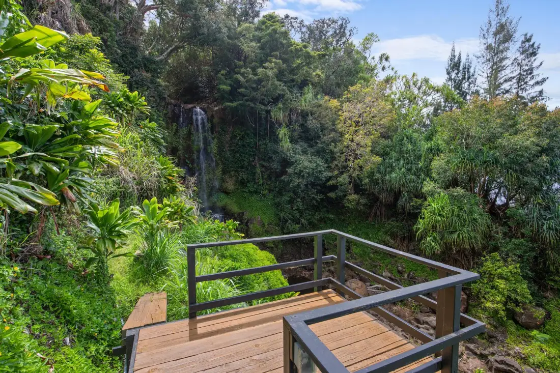 A wooden viewing platform overlooks a small waterfall surrounded by dense greenery.