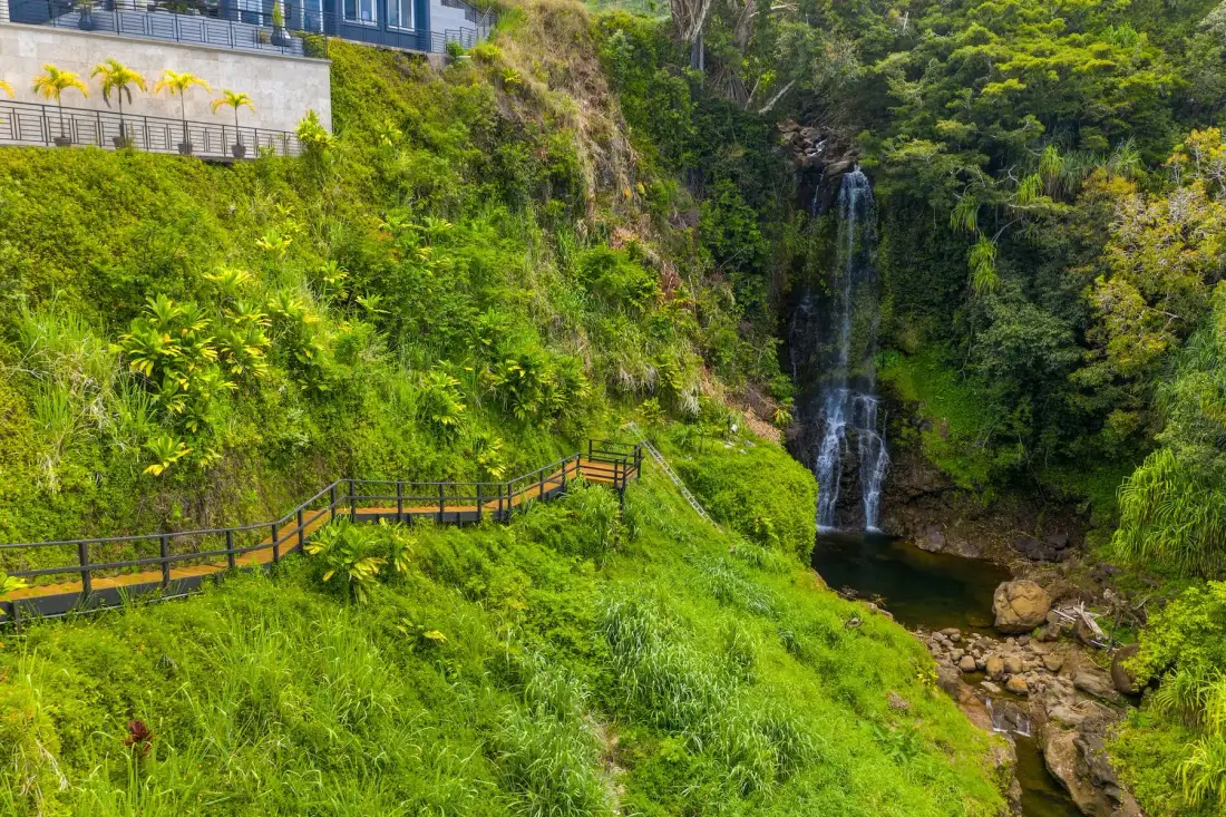A waterfall descends through a lush green hillside beside a wooden walkway.