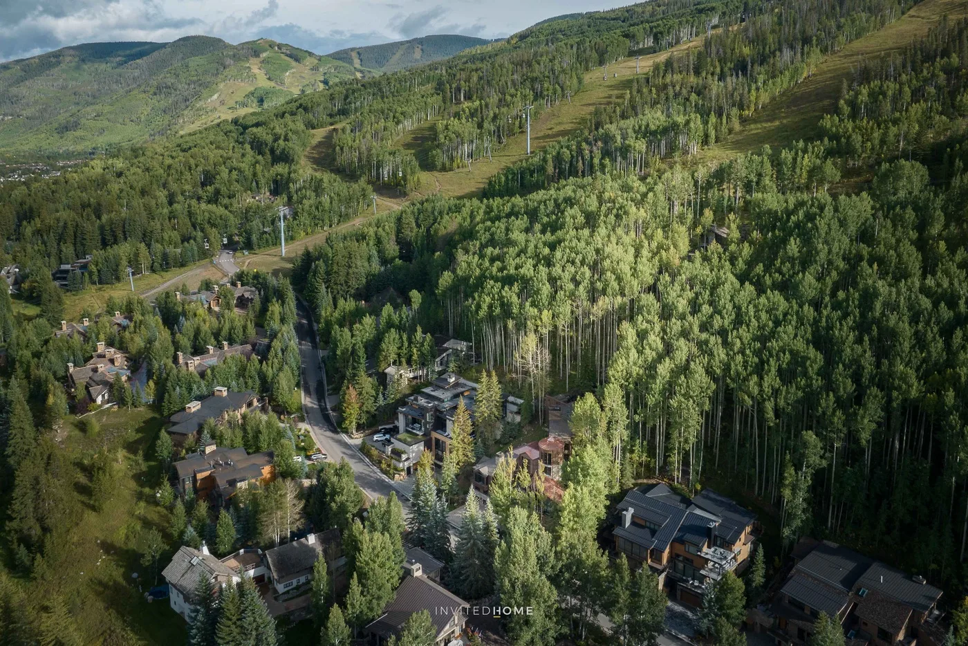 Vista aérea de casas entre un bosque frondoso en la ladera verde de una montaña.