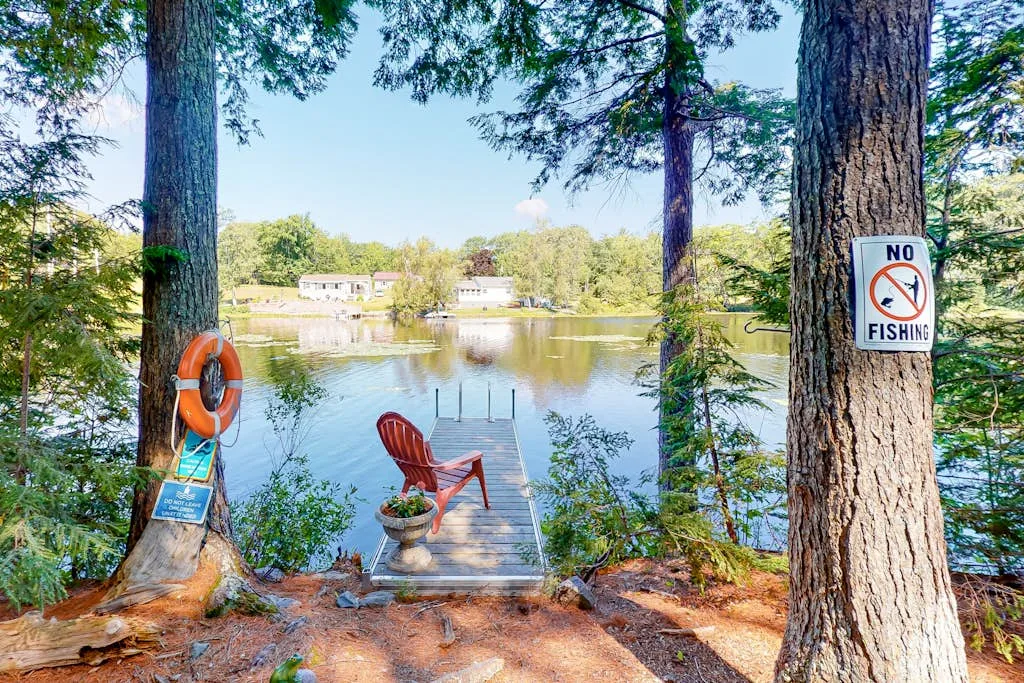 A lakeside dock with a red chair and a no-fishing sign on a tree.