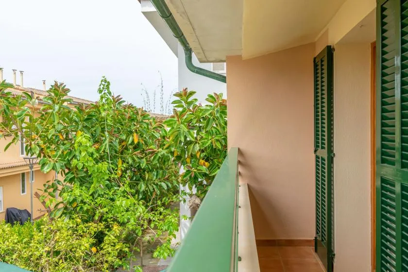A balcony walkway overlooks leafy trees, with green shutters along the wall.