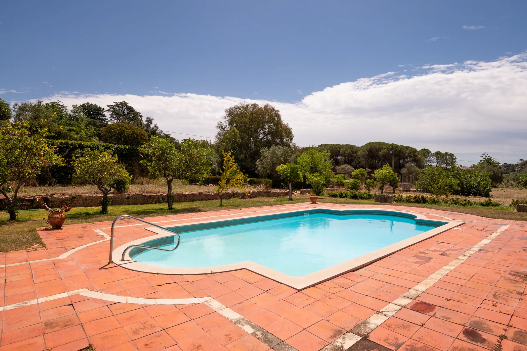 Una piscina al aire libre está rodeada por un patio de baldosas color terracota y vegetación.