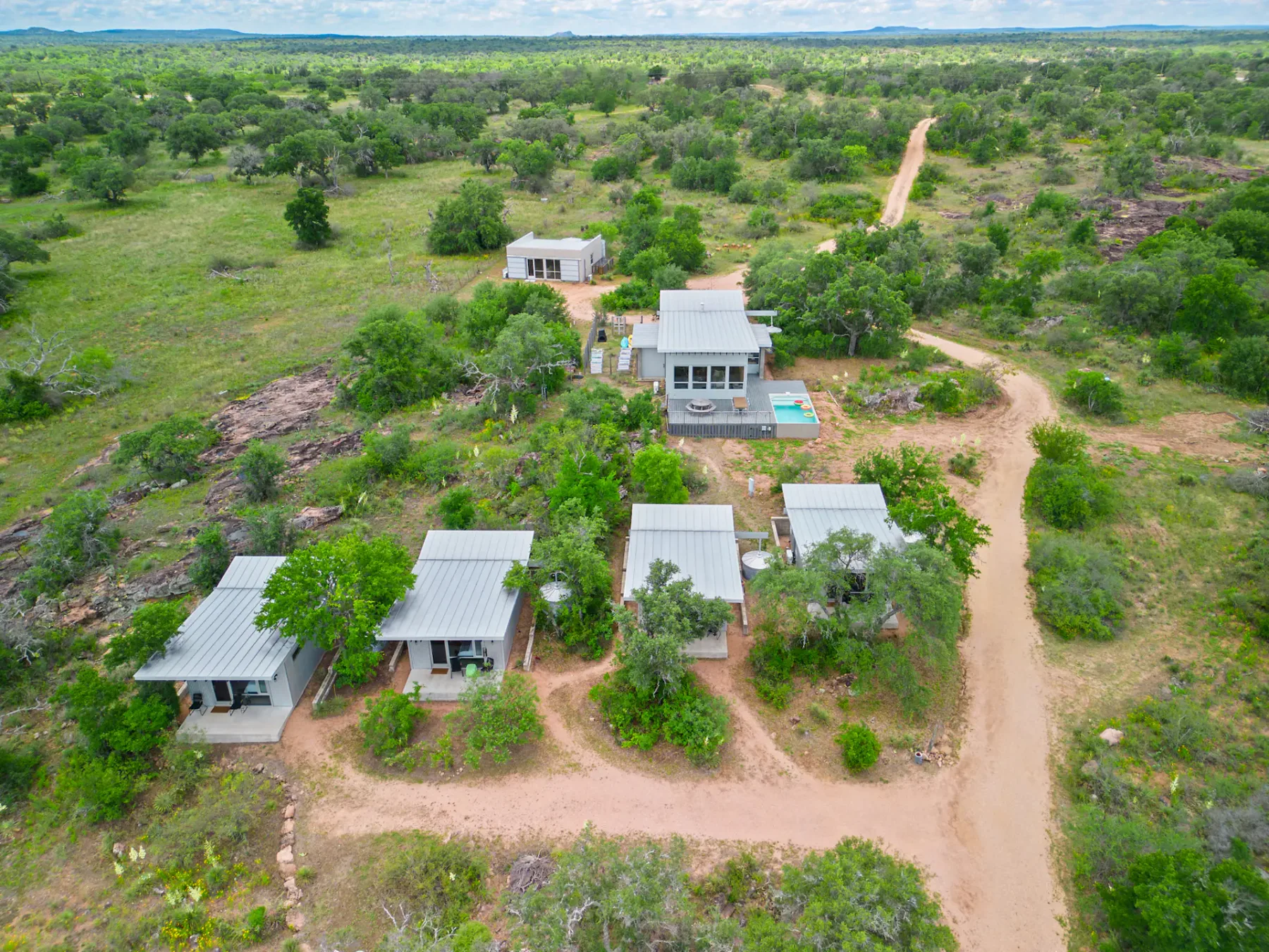 Aerial view of a rural landscape with several small buildings surrounded by trees and dirt paths on a grassy terrain.