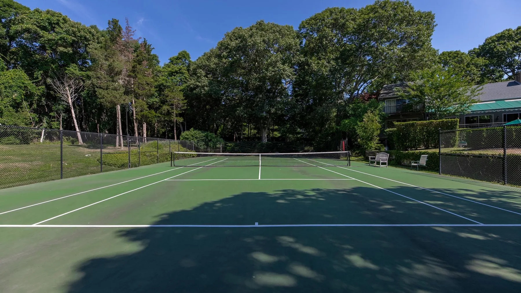 Una cancha de tenis al aire libre con superficie verde y árboles alrededor.