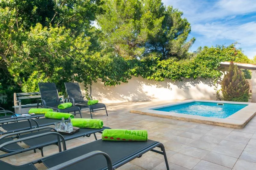 A sunny poolside patio with lounge seating beside a small swimming pool.