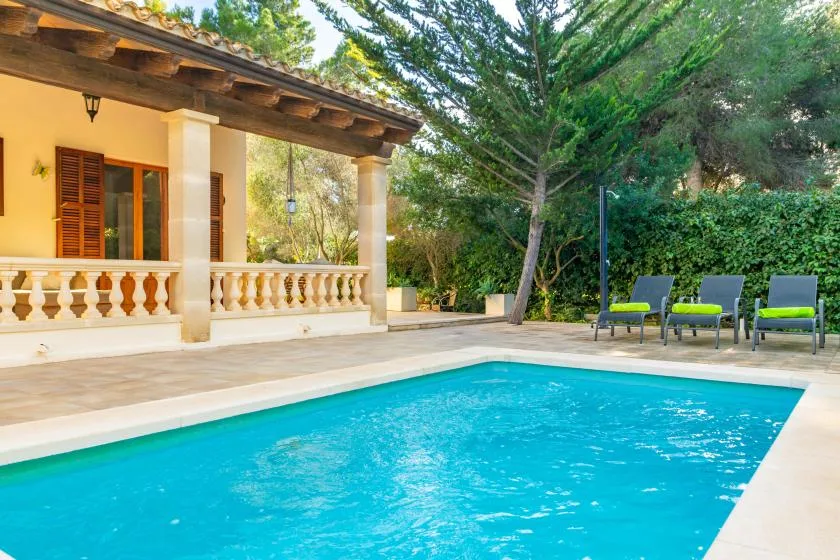 An outdoor swimming pool beside a covered patio and garden seating.