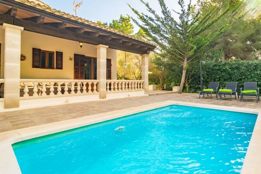 A swimming pool beside a covered patio and garden seating.