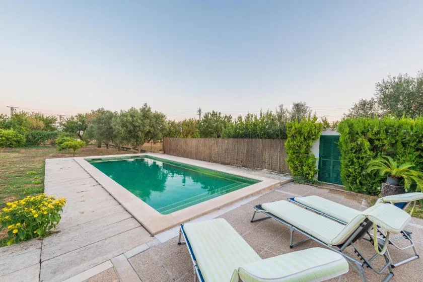 Una piscina al aire libre está rodeada de una terraza pavimentada y asientos de descanso.