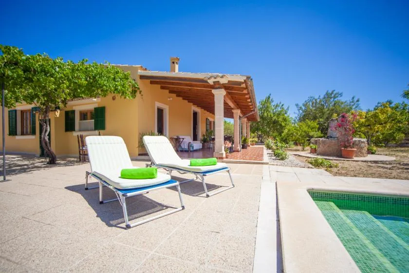 A sunny patio beside a house, with lounge seating and a swimming pool.