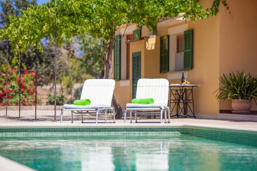 Una piscina junto a un patio soleado con asientos de descanso y vegetación.