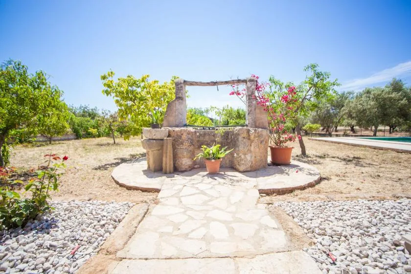 Un pozo de piedra está junto a un camino pavimentado en un jardín soleado.