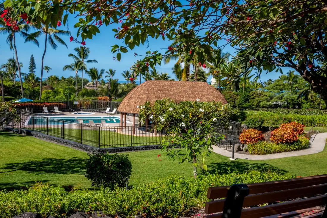 A landscaped outdoor pool area with a thatched-roof pavilion and tropical plants.