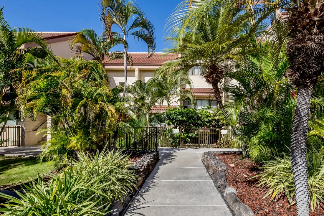 A landscaped walkway leads toward a building among palm trees and greenery.