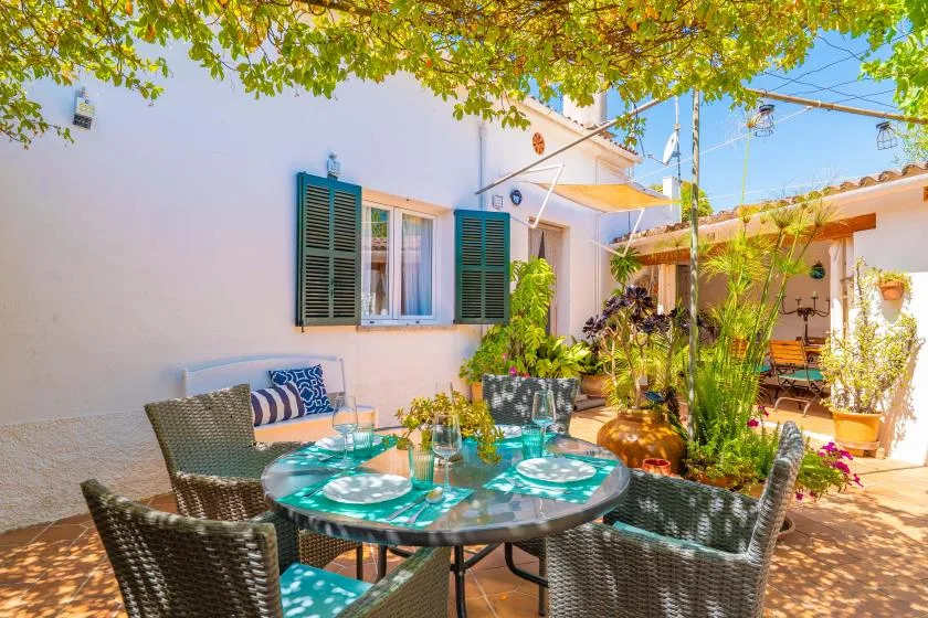 An outdoor dining patio with a table and surrounding plants.