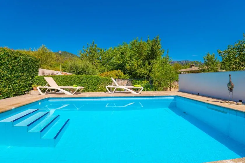 An outdoor swimming pool with steps and lounge seating beside green hedges.