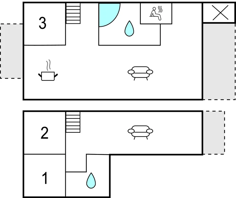 Un plano en blanco y negro muestra habitaciones, asientos, escaleras y elementos de baño.