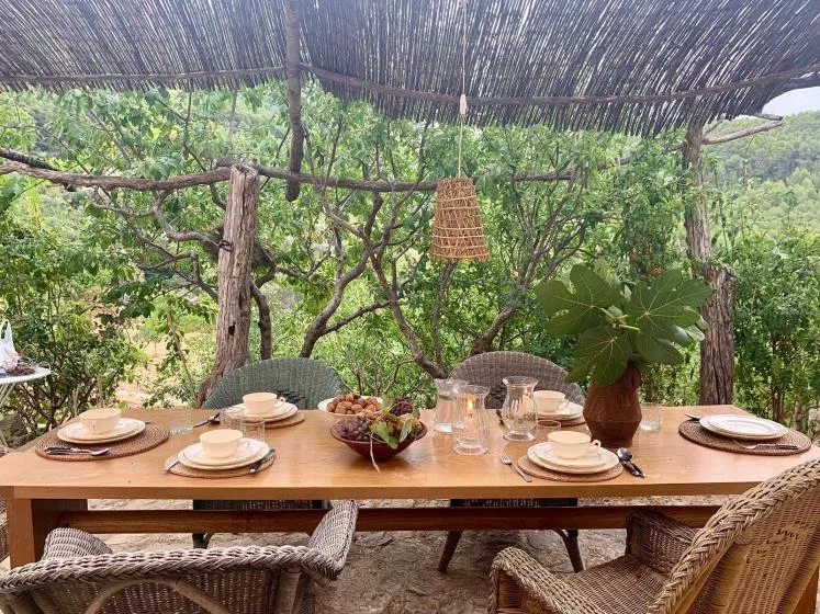 An outdoor dining area has a wooden table set beneath a leafy canopy.