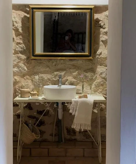 Un lavabo rústico con cuenco sobre una encimera está frente a una pared de piedra.