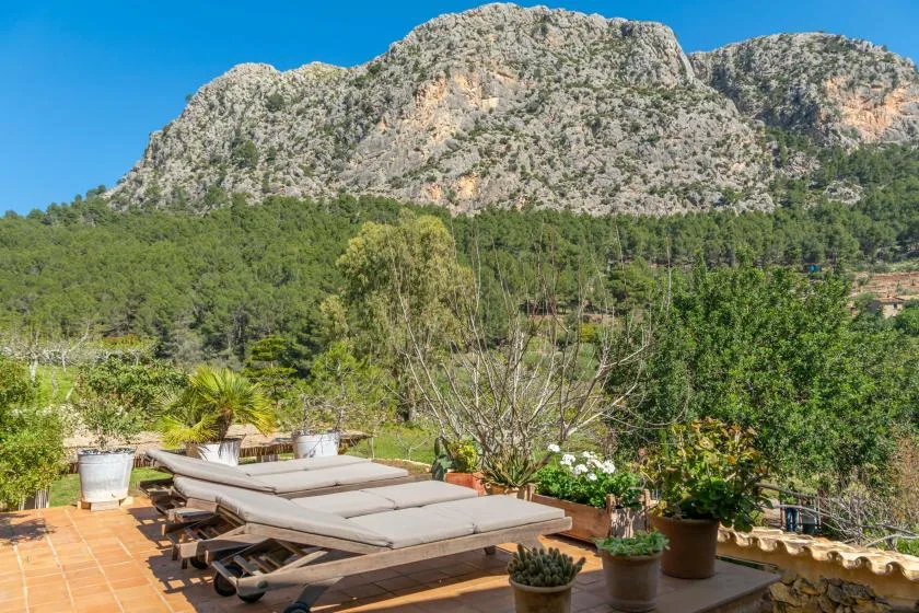 Una terraza exterior con tumbonas mira hacia una ladera boscosa y montañas rocosas.
