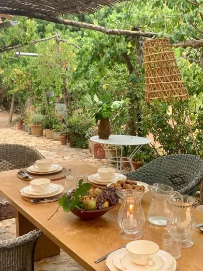 A garden dining area with a wooden table set with dishes and fruit.