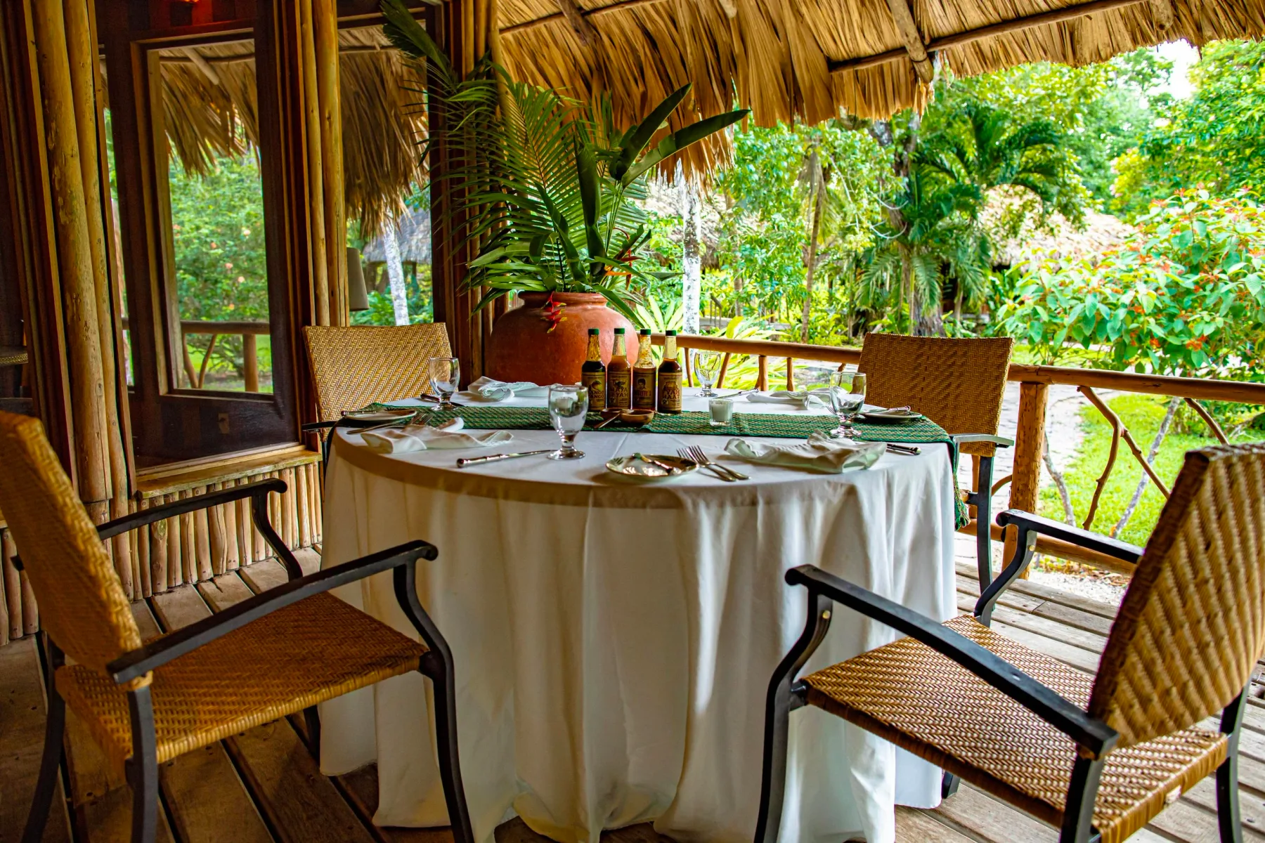 Mesa de comedor al aire libre entre plantas verdes