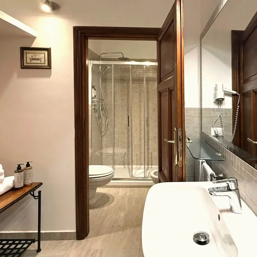 Interior de un baño con ducha y lavabo.