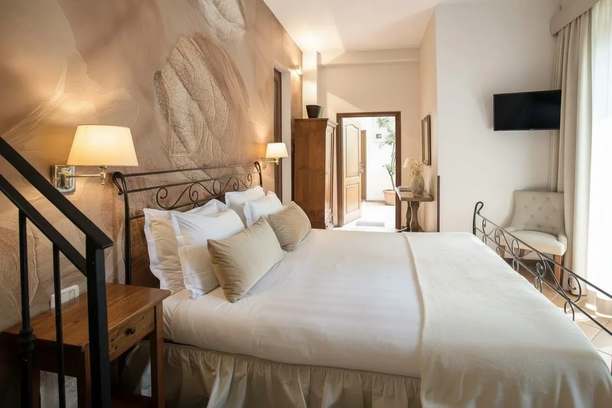 Dormitorio con cama, pared decorativa, pequeña escalera y puerta al exterior.