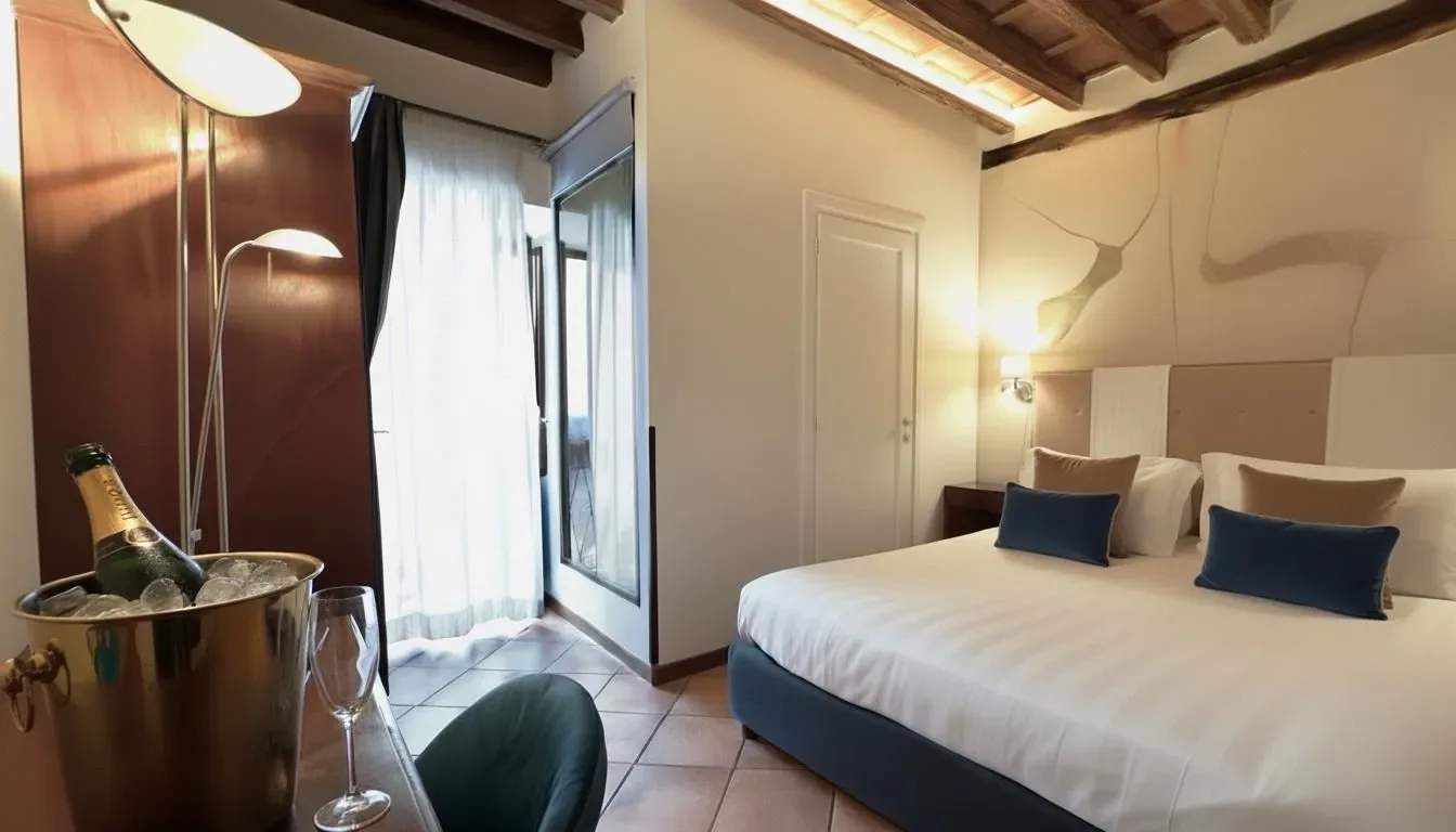 Dormitorio con cama y balcón.