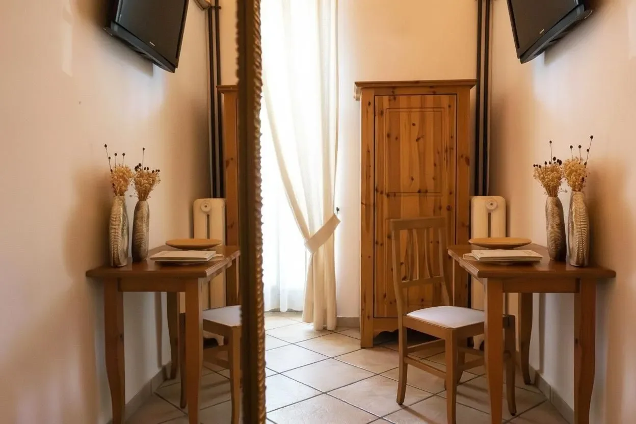 Interior de una habitación con mesas, sillas y objetos decorativos.