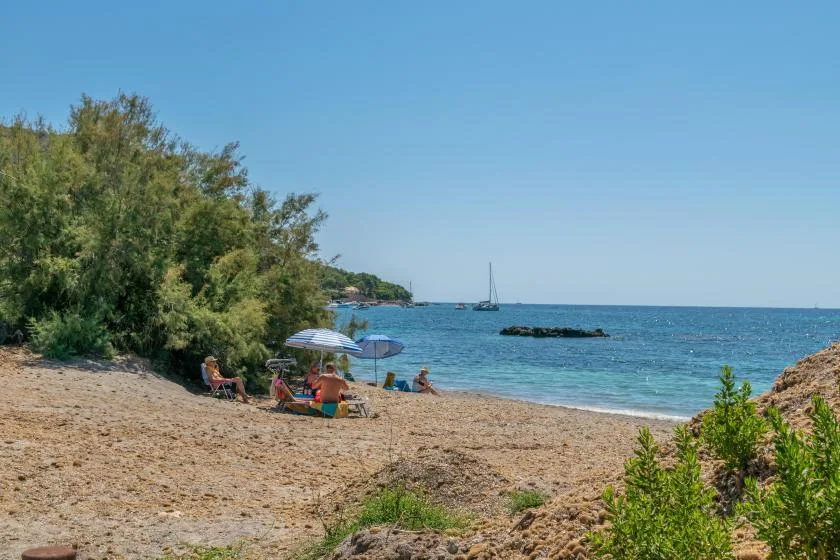 A sandy beach bordered by shrubs overlooks blue water and a sailboat.