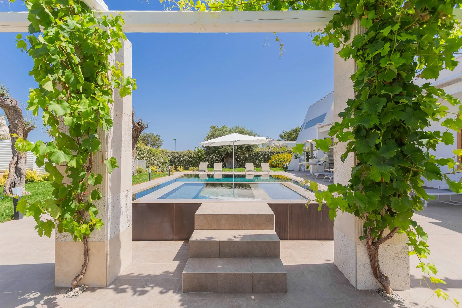 Una piscina y una zona de descanso se encuentran tras una pérgola frondosa.