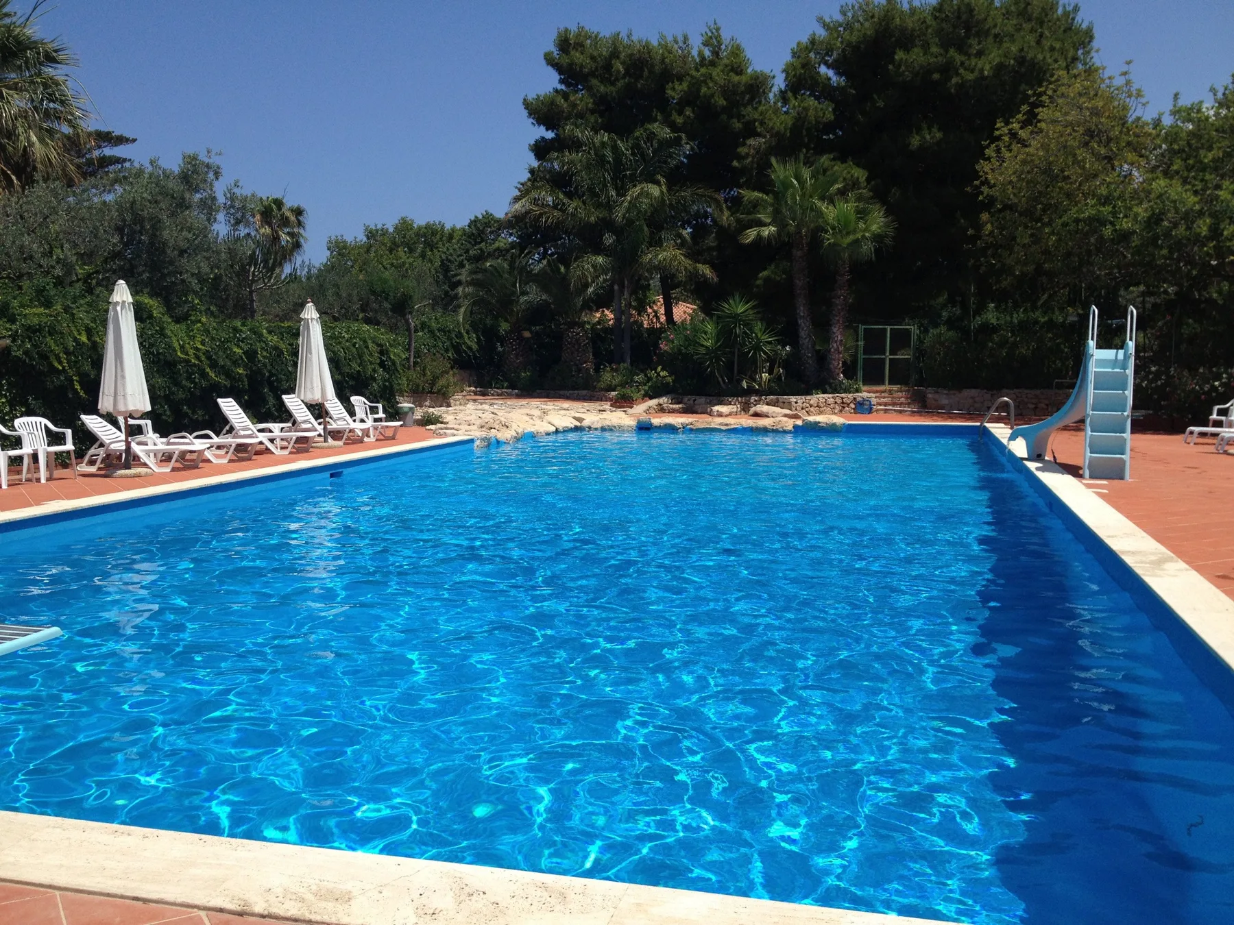 A large outdoor swimming pool sits among trees, with a slide beside it.