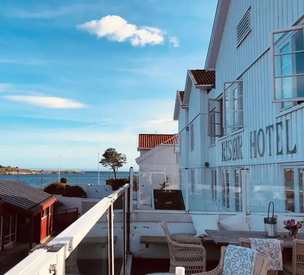 Summer view from Risør Hotel toward the water
