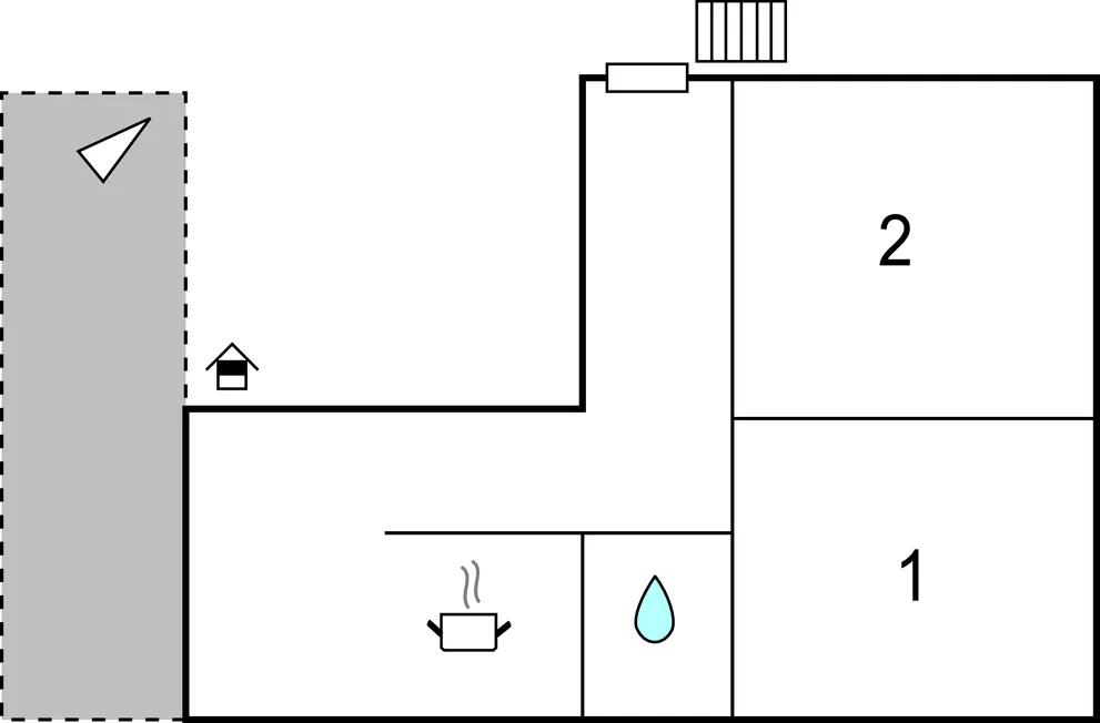 A simple floor plan shows two rooms, a bathroom area, and a kitchen symbol.