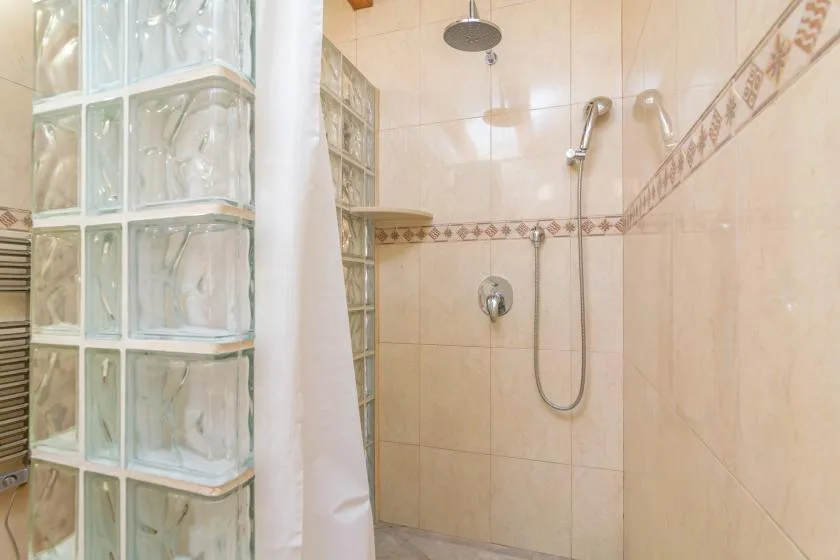 A tiled bathroom shower with a handheld showerhead and glass-block wall.