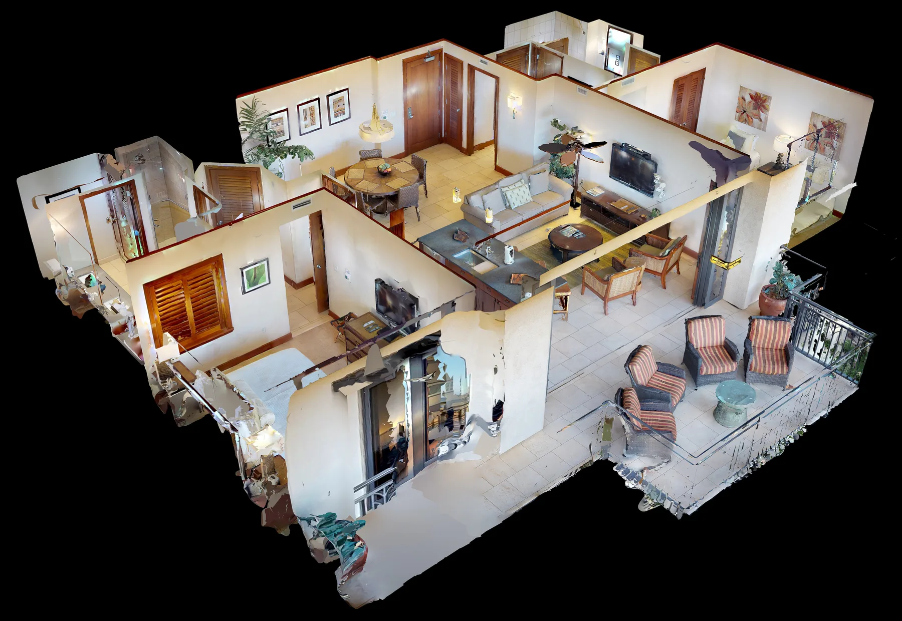 Vista en corte de un interior de apartamento con zonas de estar y comedor abiertas a un patio.