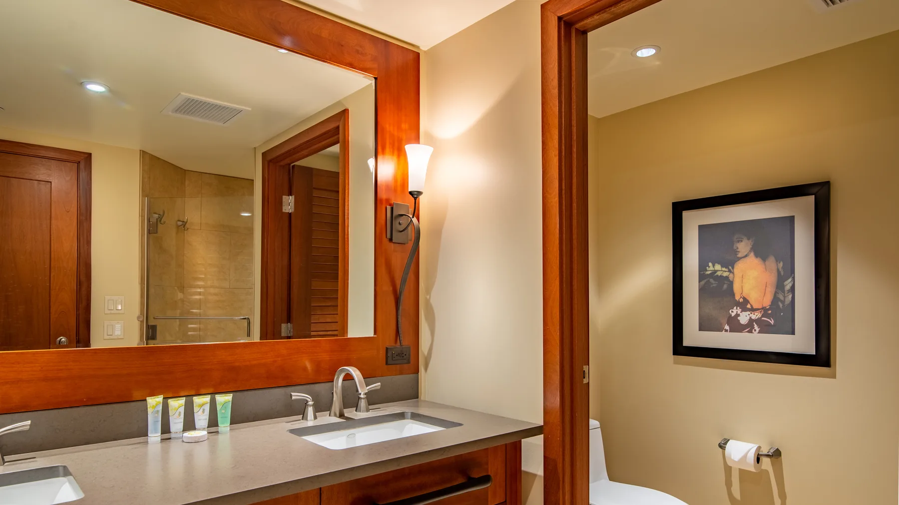 Un tocador de baño con lavabo y un espejo grande junto a un espacio para el inodoro.