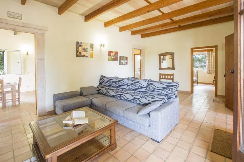 A living room with gray seating, a glass coffee table, and exposed wooden ceiling beams.