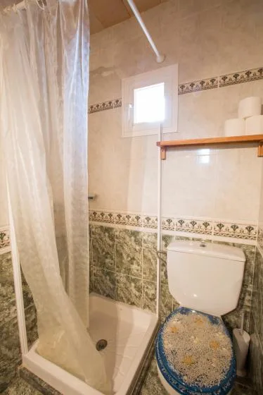 Bathroom with a shower, toilet, and small frosted window.