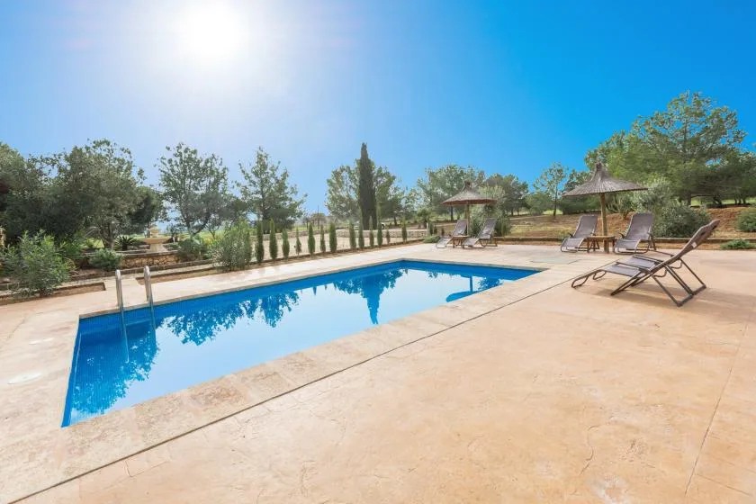 An outdoor swimming pool sits beside a sunlit paved deck with lounge chairs.