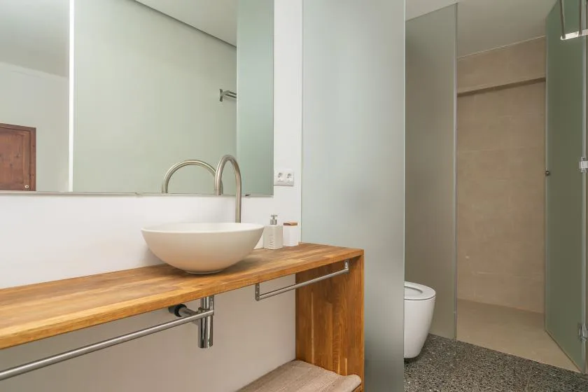 Un mueble de baño con lavabo sobre encimera y una ducha con mampara de vidrio.