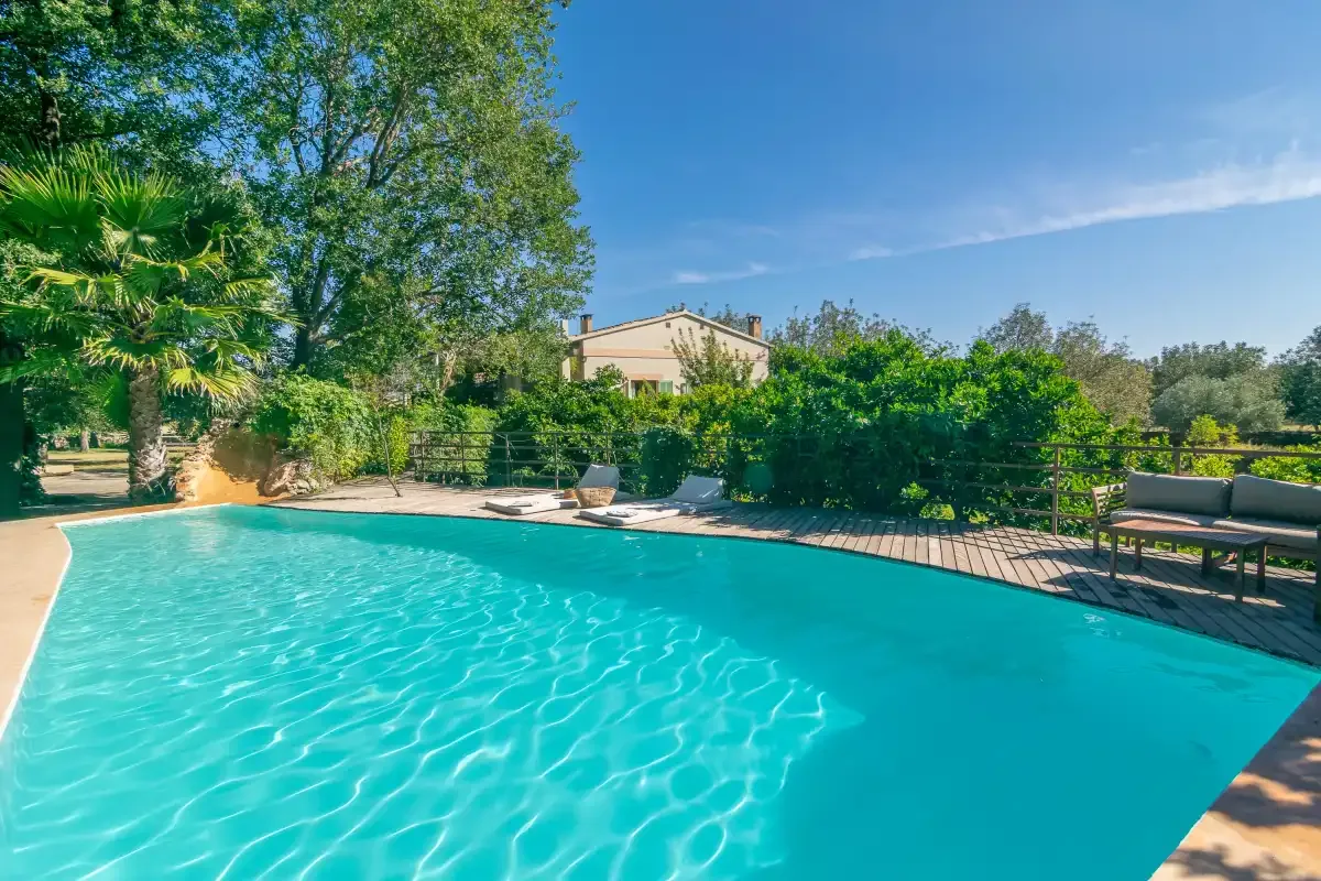 Una piscina al aire libre está rodeada de árboles y vegetación.