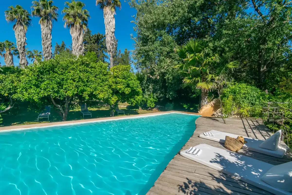 Una piscina al aire libre rodeada de árboles, con asientos de descanso en una terraza de madera.