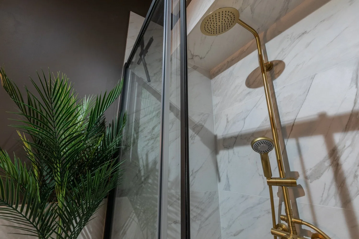 A tiled shower area with gold-colored shower fixtures beside a leafy plant.