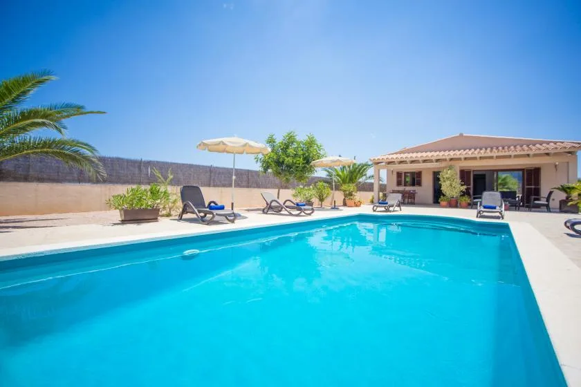 An outdoor swimming pool sits beside a shaded patio with lounge seating.